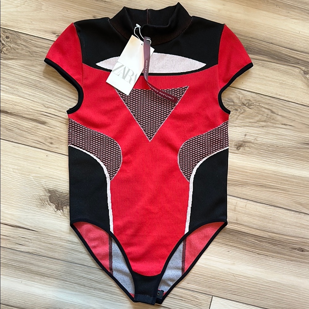 Zara Red and Black Bodysuit with Geometric Patterns